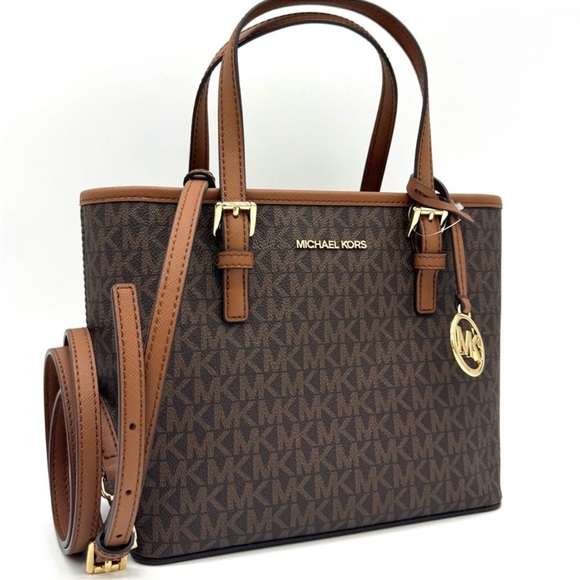 Michael Kors Jet Set Travel Extra-Small Logo Top-Zip lote Bag Brown Signature - Picture 3 of 10